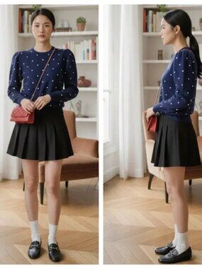 & Other Stories Navy Crewneck Sweater with Cream Accents